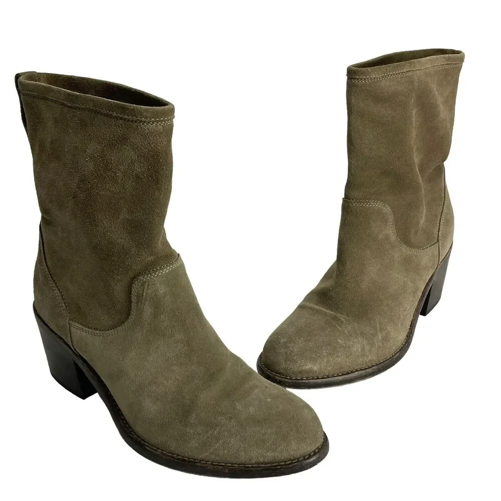 AGL ATTILIO GIUSTI LEOMBRUNI Taupe Tan Suede Ankle Chunky Heel Slouch Boots 37.5